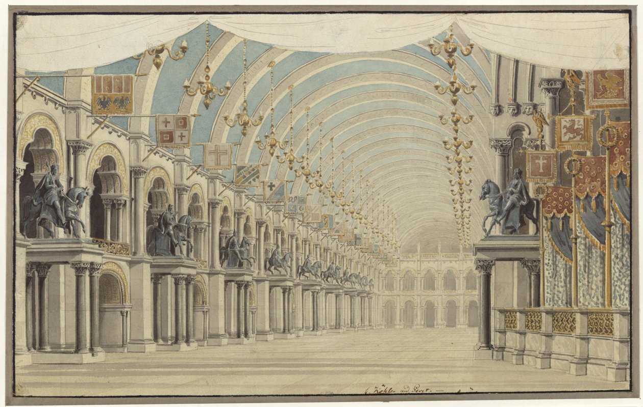 Agnes von Hohenstaufen. Gaspare Spontinin ooppera. Luonnos 7. lavastusta varten. Juhla- ja tanssisali tekijältä Karl Friedrich Schinkel