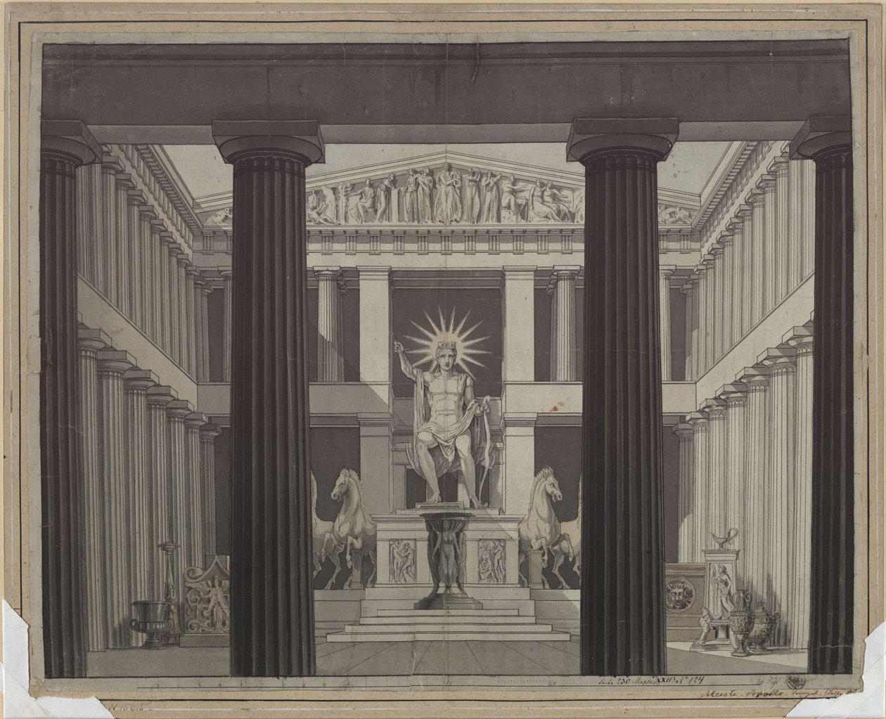Alceste. Christoph Willibald Gluckin ooppera. Luonnos 2. lavastukseen. Apollonin temppelin sisätilat tekijältä Karl Friedrich Schinkel