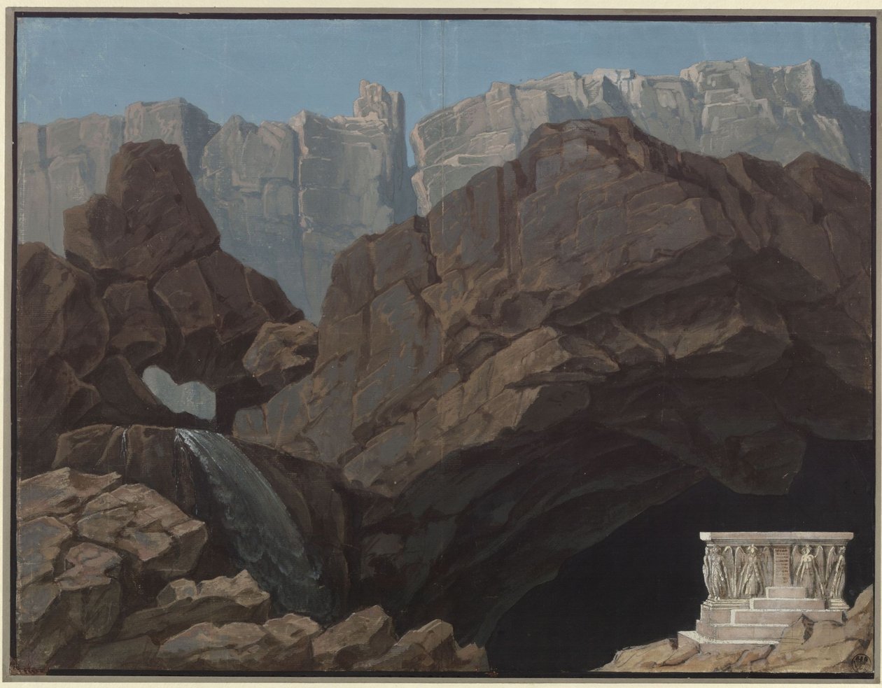 Alkestis. Christoph Willibald Gluckin ooppera. Luonnos 4. lavastusta varten. Sisäänkäynti manalaan tekijältä Karl Friedrich Schinkel