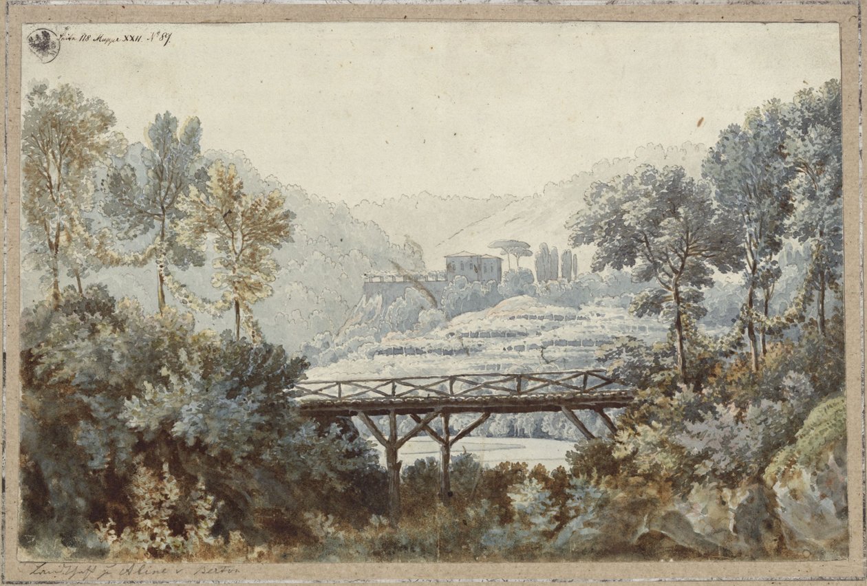 Aline, Golkondan kuningatar. Henri-Montan Bertonin ooppera. Luonnos 2. lavastusta varten. Maisema, jossa on joki ja silta tekijältä Karl Friedrich Schinkel