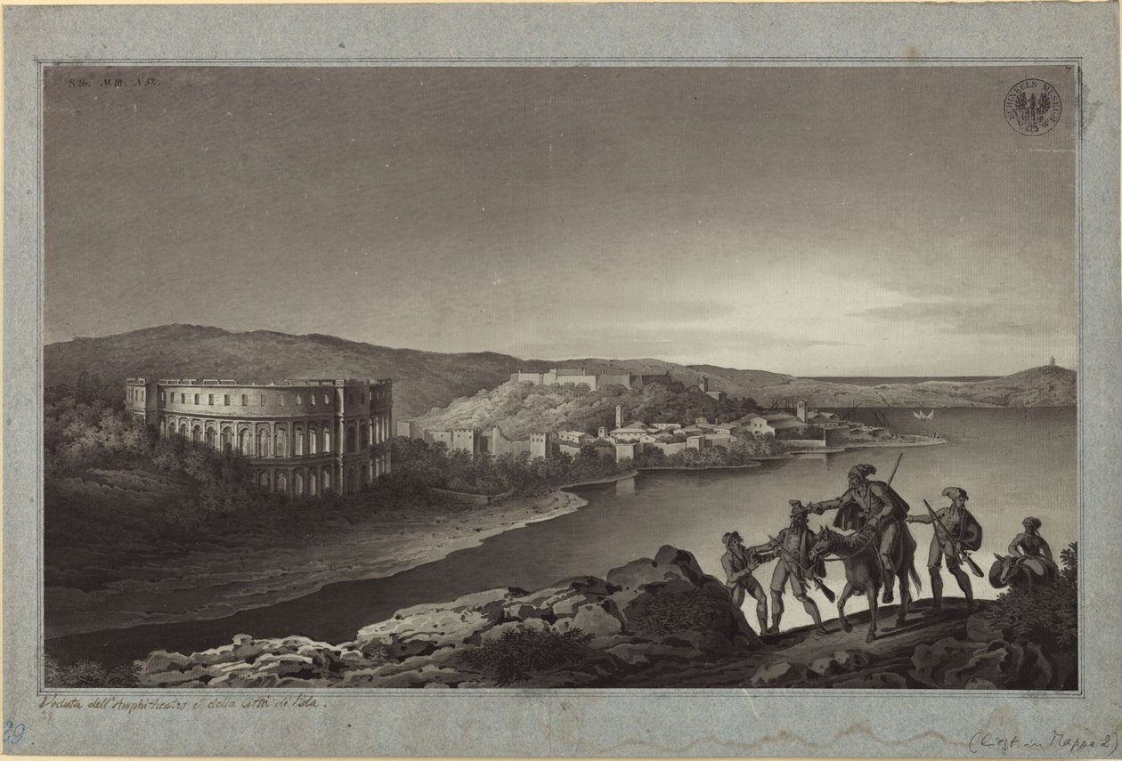 Näkymä amfiteatterista ja Polan kaupungista Istriassa tekijältä Karl Friedrich Schinkel