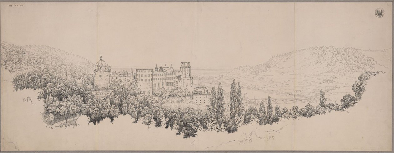 Näkymä Heidelbergin linnalle, Neckarin sillalle ja Neckarin laaksoon tekijältä Karl Friedrich Schinkel
