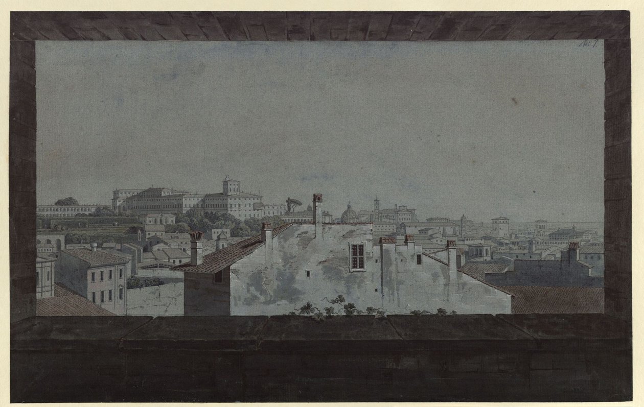 "Näkymä Quirinalen palatsista ja osasta Roomaa, piirrettynä ystävän asunnon ikkunasta" tekijältä Karl Friedrich Schinkel