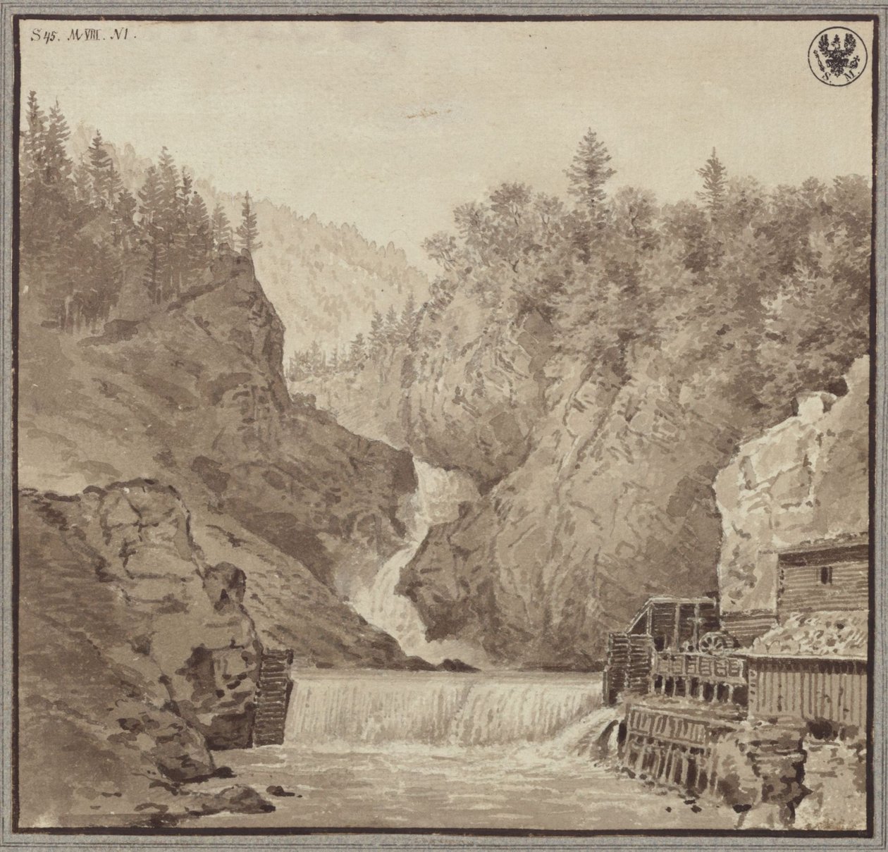Näkymä Lendin lähellä sijaitsevalle vesiputoukselle Salzburgin alueella tekijältä Karl Friedrich Schinkel