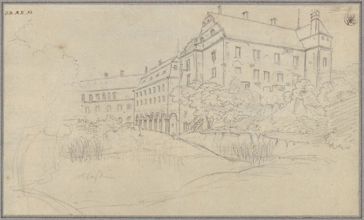 Näkymä renessanssityylisillä päätyillä varustetusta linnasta Sleesiassa tai Böömissä tekijältä Karl Friedrich Schinkel