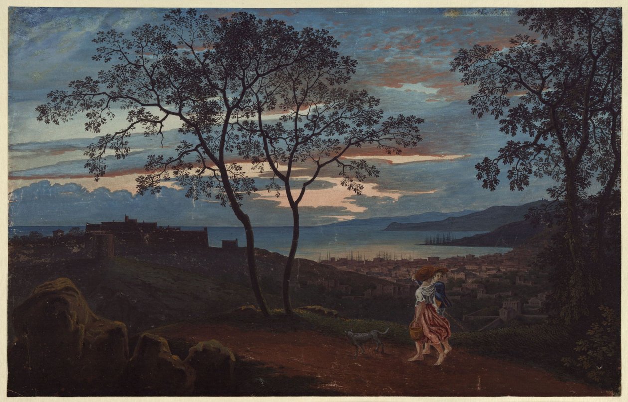 Näkymä Triesteen kukkulalta iltatunnelmassa tekijältä Karl Friedrich Schinkel