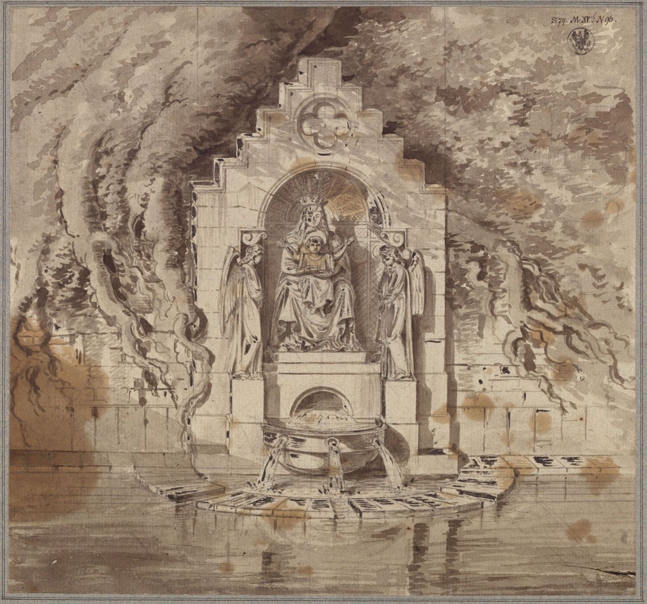 Arkkitehtoninen lähde, jossa on madonnan ja kahden enkelin patsaat tekijältä Karl Friedrich Schinkel