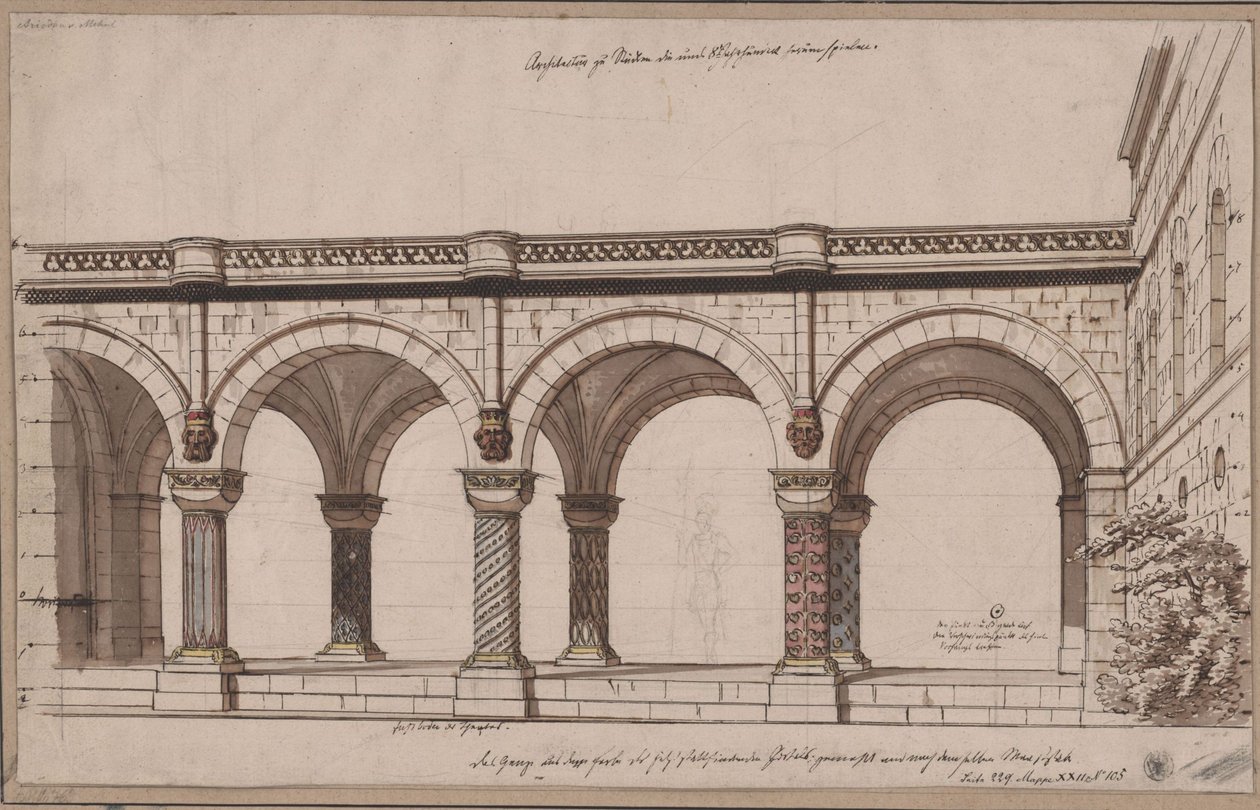 Ariodant. Etienne Nicolas Méhulin ooppera. Luonnos 1. lavastusta varten. Arkadikäytävä / Galleria tekijältä Karl Friedrich Schinkel