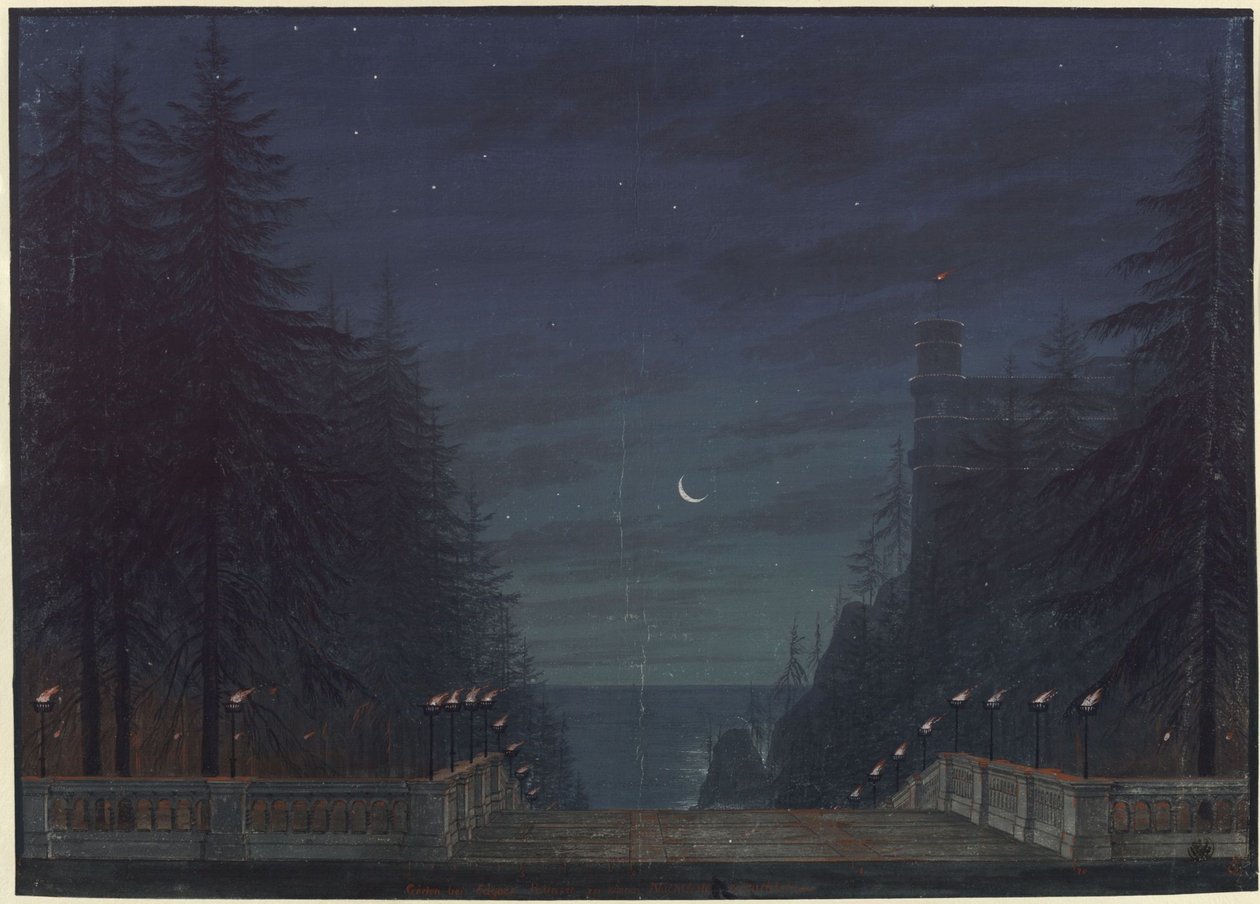 Ariodan. Etienne Nicolas Méhulin ooppera. Luonnos 2. lavastukseen. Puutarha Edgarin palatsin luona tekijältä Karl Friedrich Schinkel