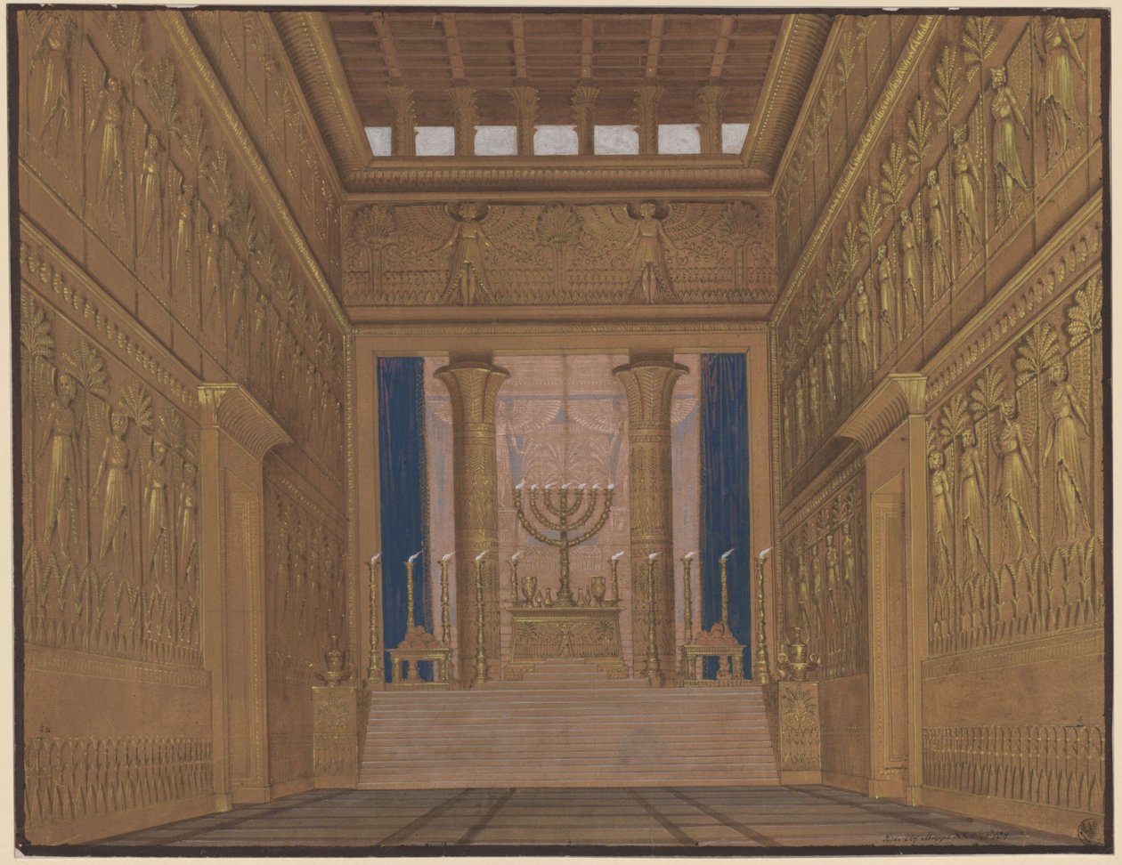Athalia. Johann Nepomuk von Poisslin ooppera. Luonnos 2. lavastusta varten. Jerusalemin temppelin sisänäkymä tekijältä Karl Friedrich Schinkel
