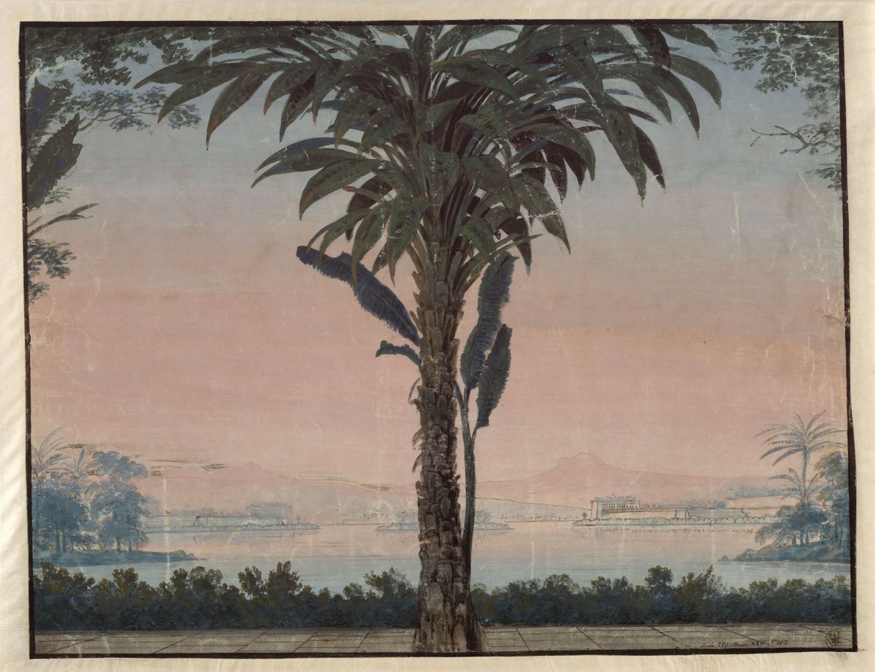 Athalia. Johann Nepomuk von Poisslin ooppera. Luonnos neljänteen lavastukseen. Ylipapin puutarha, jossa on suuri palmu vesialtaan edessä tekijältä Karl Friedrich Schinkel