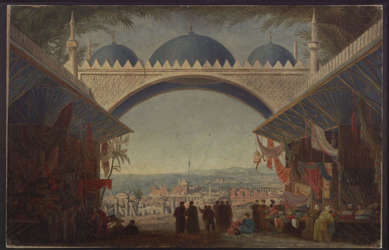 Aucassin ja Nicolette. Georg Abraham Schneiderin ooppera. Luonnos 5. lavastukseen. Basaari Tunisissa tekijältä Karl Friedrich Schinkel