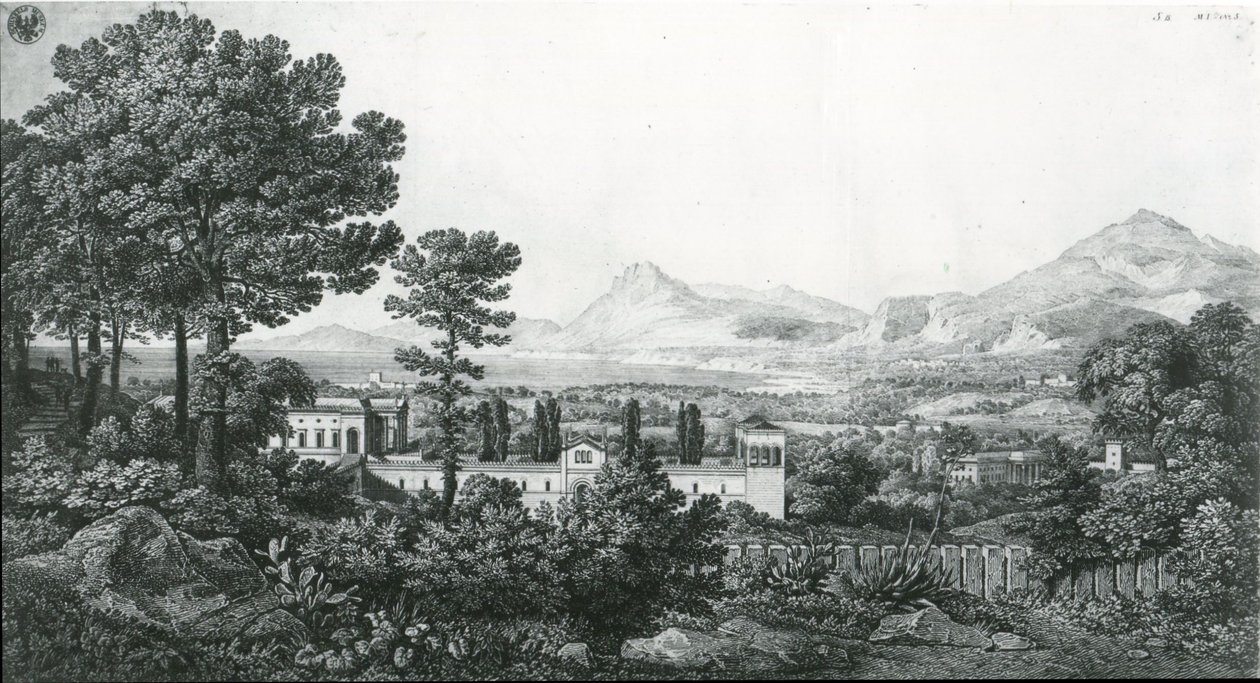 "Näkymä prinssi Valguarneran palatsista osaan Bagariaa Palermon lähellä ja Cefalùn lahdelle" tekijältä Karl Friedrich Schinkel