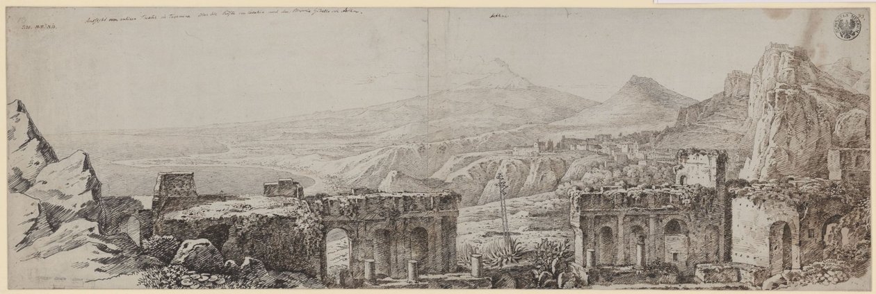 Näkymä Taorminan antiikin teatterista Catanian rannikon yli Monte Gibellolle eli Etnalle tekijältä Karl Friedrich Schinkel