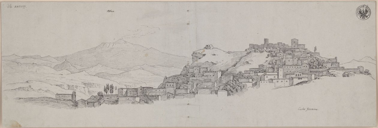 "Näkymä Castro Giovannin korkeudelta Etnalle" / Näkymä Ennasta, taustalla Etna tekijältä Karl Friedrich Schinkel