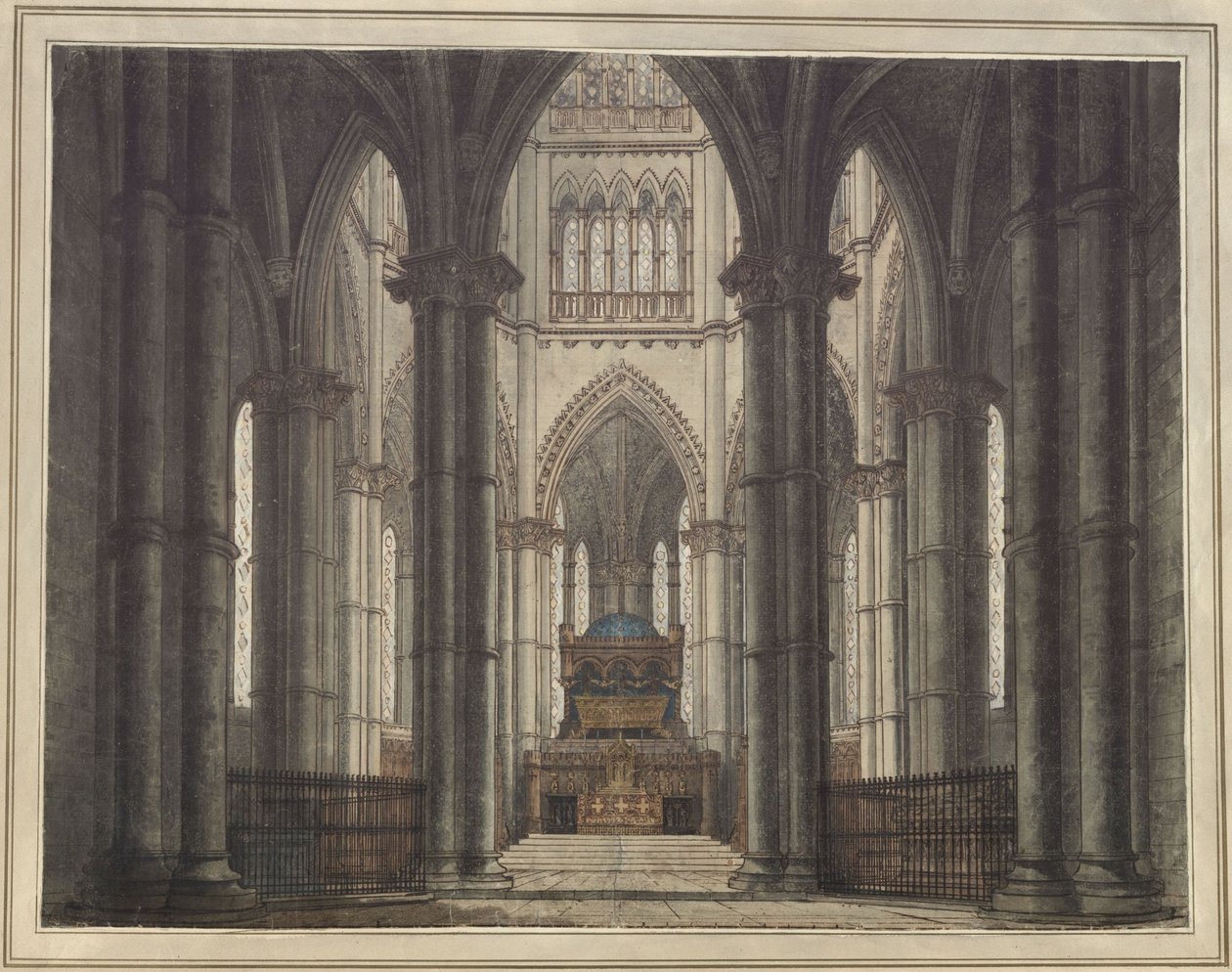 Axel ja Walburg. Adam Oehlenschlägerin tragedia. Luonnos lavastukseksi. Hautakappelin sisätilat tekijältä Karl Friedrich Schinkel