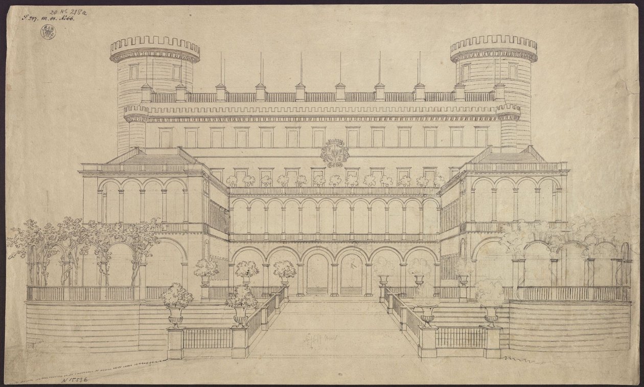 Bad Muskau. Linna. Ensimmäinen uudistusehdotus. Eteläpuolen julkisivupiirros tekijältä Karl Friedrich Schinkel