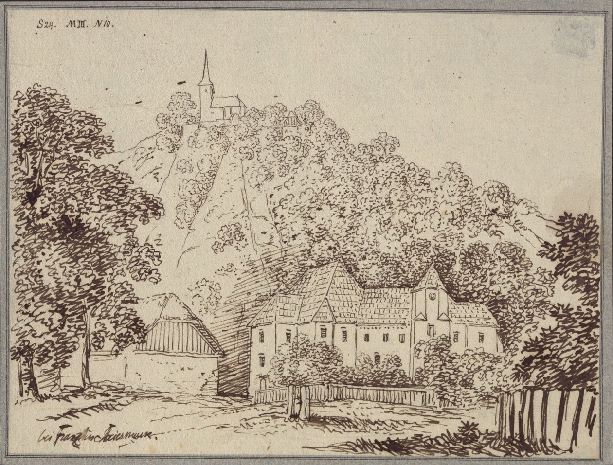 "Franzin luona Steiermarkissa" / Näkymä Franzin pappilaan Cillin (Celje) länsipuolella tekijältä Karl Friedrich Schinkel