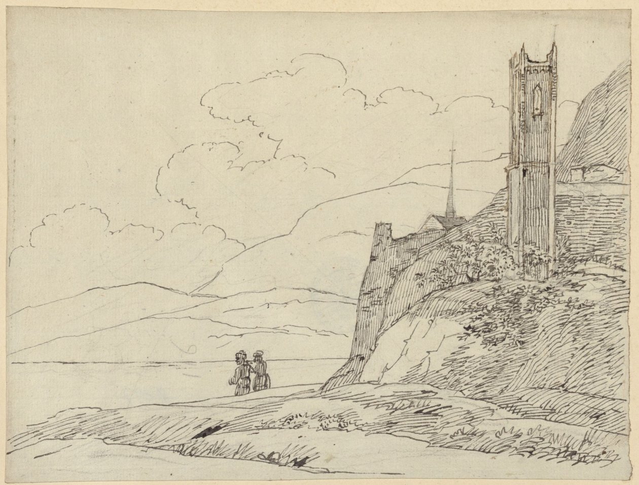 Vuoristomaisema, torninraunioita ja hahmoja tekijältä Karl Friedrich Schinkel