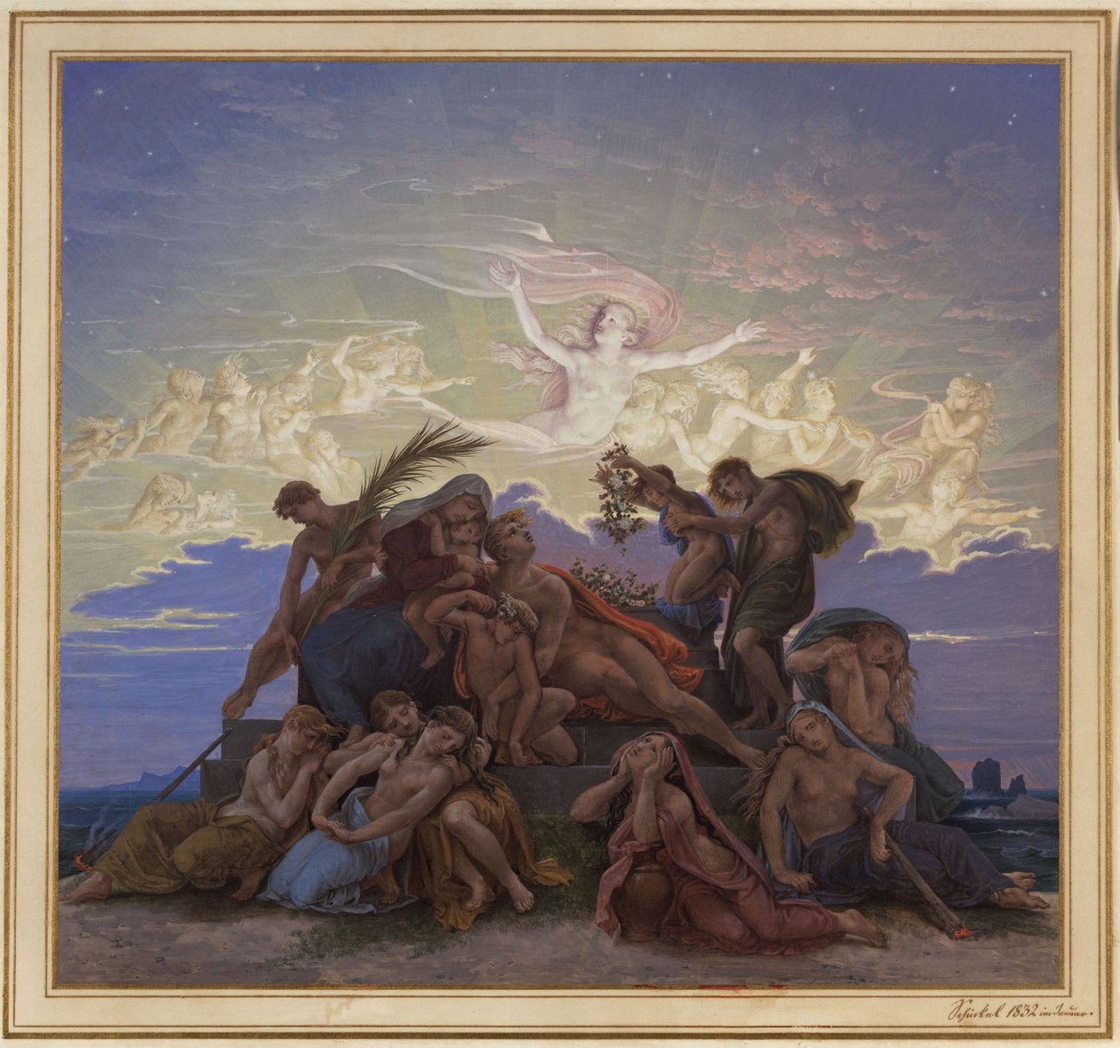 Berliini. Lustgartenin Altes Museum. Luonnos seinämaalaukseen "Suru hautakummulla" tekijältä Karl Friedrich Schinkel