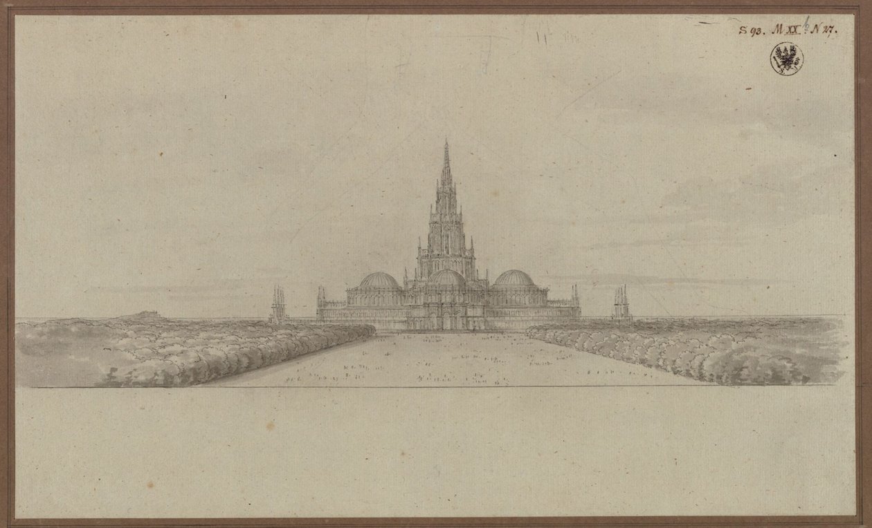 Berliini. Luonnos vapaussotien muistomerkiksi tarkoitetusta tuomiokirkosta (Vapautuksen tuomiokirkko), jossa on ristikeskustorni ja kupolit poikkilaivojen yllä tekijältä Karl Friedrich Schinkel