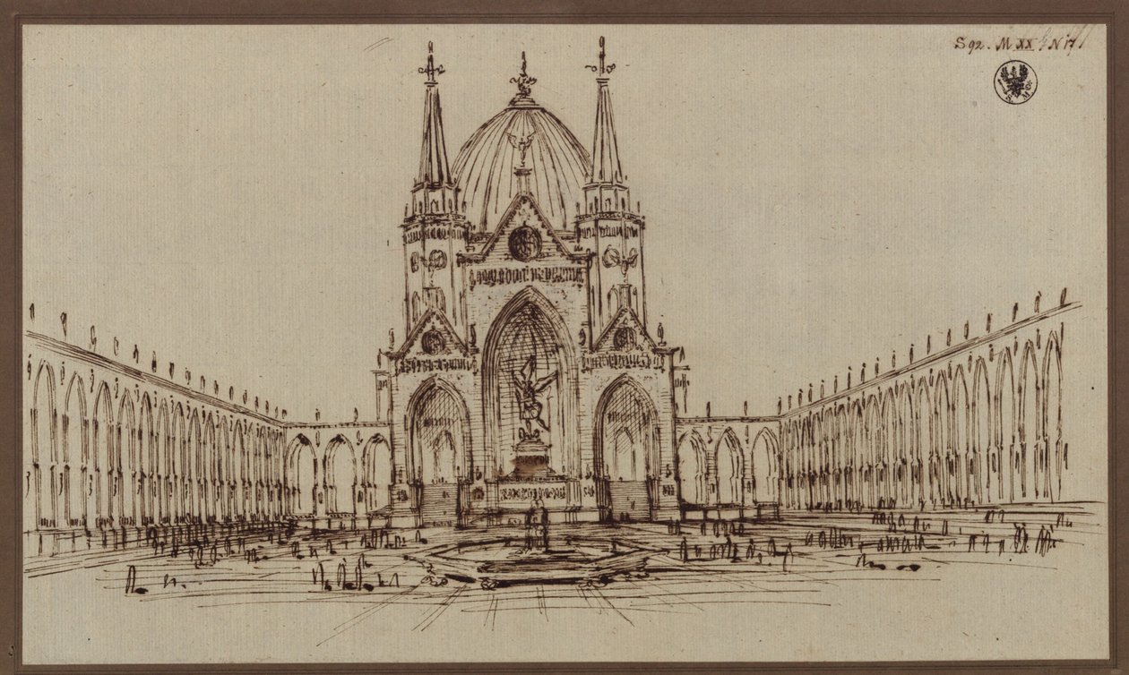 Berliini. Suunnitelma vapautussotien muistomerkiksi tarkoitetusta tuomiokirkosta (Vapautuksen tuomiokirkko) tekijältä Karl Friedrich Schinkel