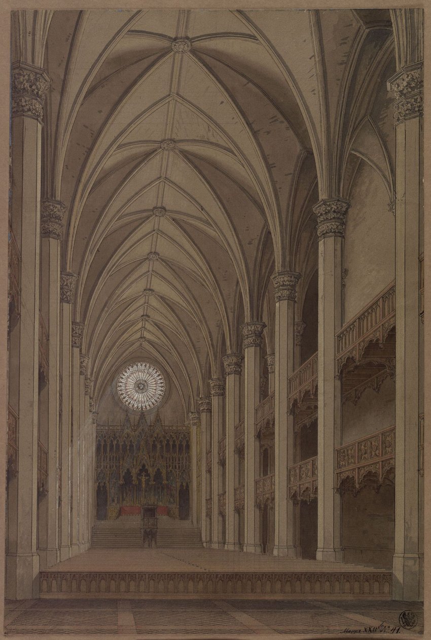 Berliini. Pyhän Pietarin kirkko. Suunnitelma goottilaistyylisestä jälleenrakennuksesta. Sisäkuva, josta avautuu näkymä alttarille tekijältä Karl Friedrich Schinkel