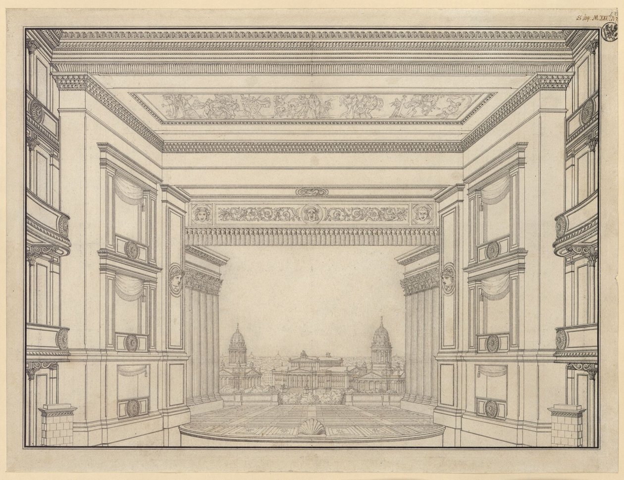 Berliini. Gendarmenmarktin teatteri, näyttämö tekijältä Karl Friedrich Schinkel