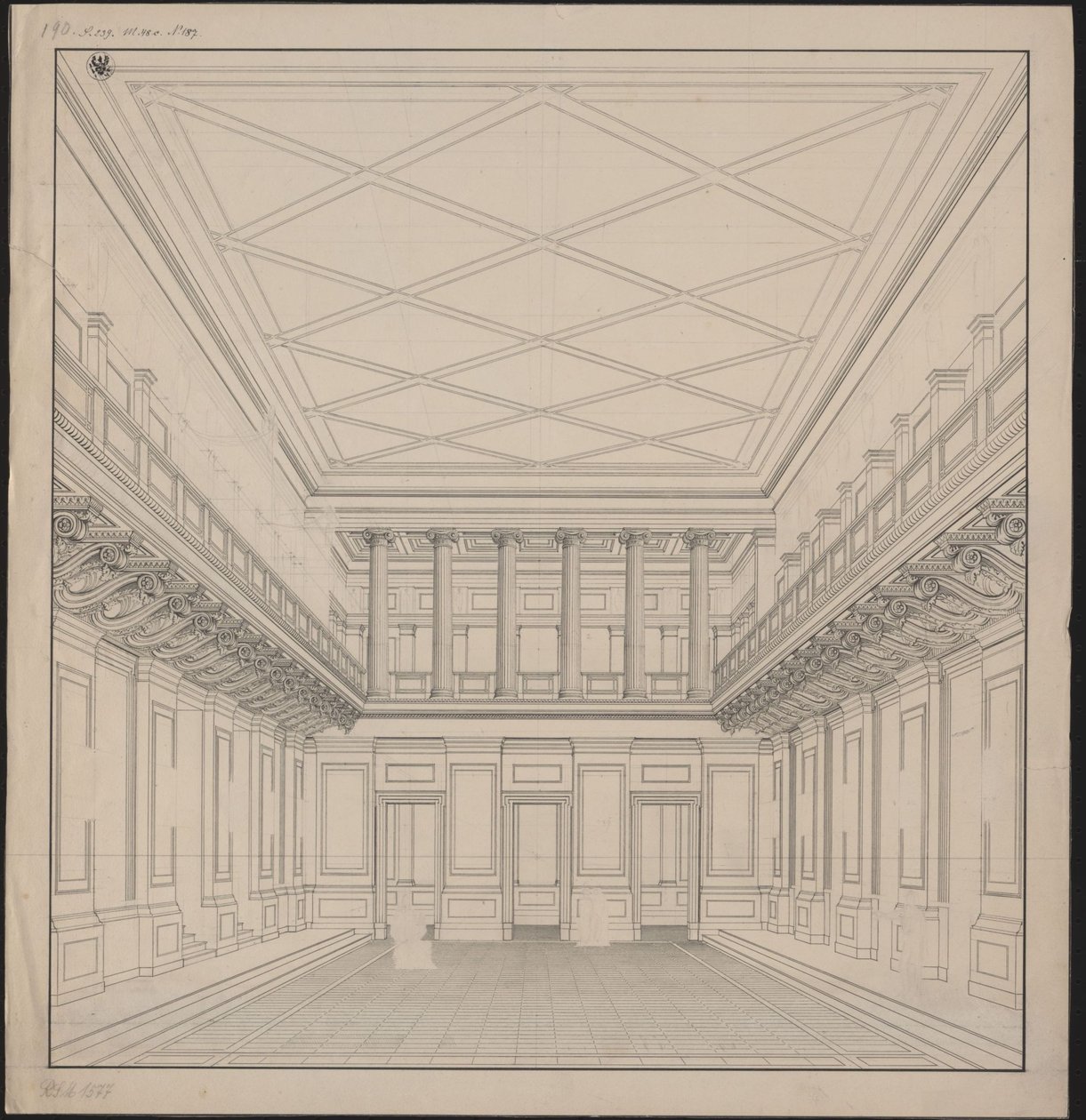 Berliini. Gendarmenmarktin teatteri, konserttisali. Näkymä tekijältä Karl Friedrich Schinkel