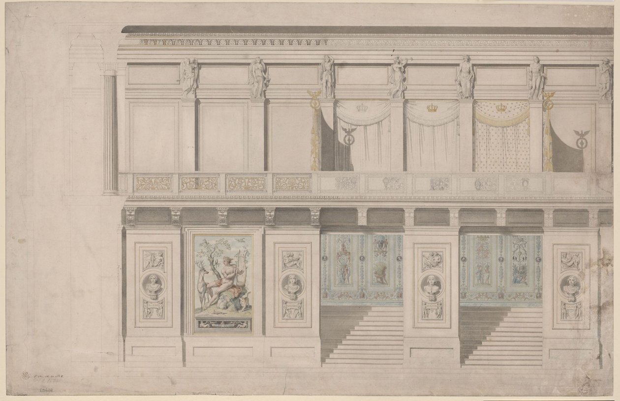 Berliini. Gendarmenmarktin teatteri, konserttisali. Pitkän seinän ylhäältä katsottu kuva tekijältä Karl Friedrich Schinkel