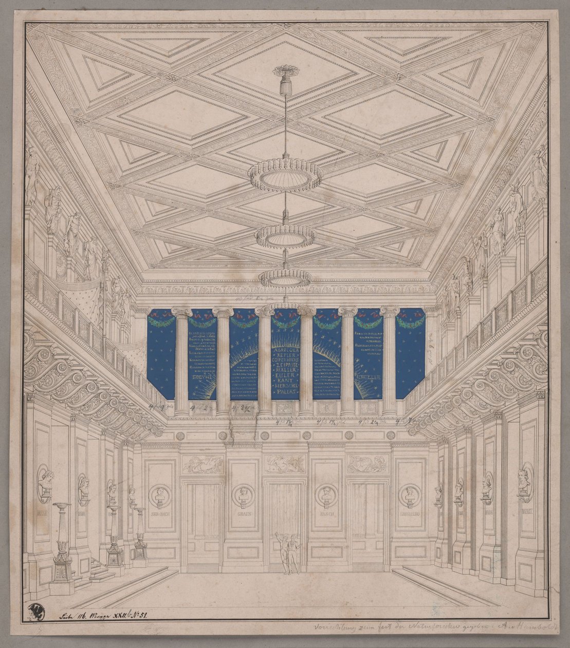 Berliini. Gendarmenmarktin teatteri, konserttisali.  Luonnontieteilijöiden juhlan koristeet tekijältä Karl Friedrich Schinkel