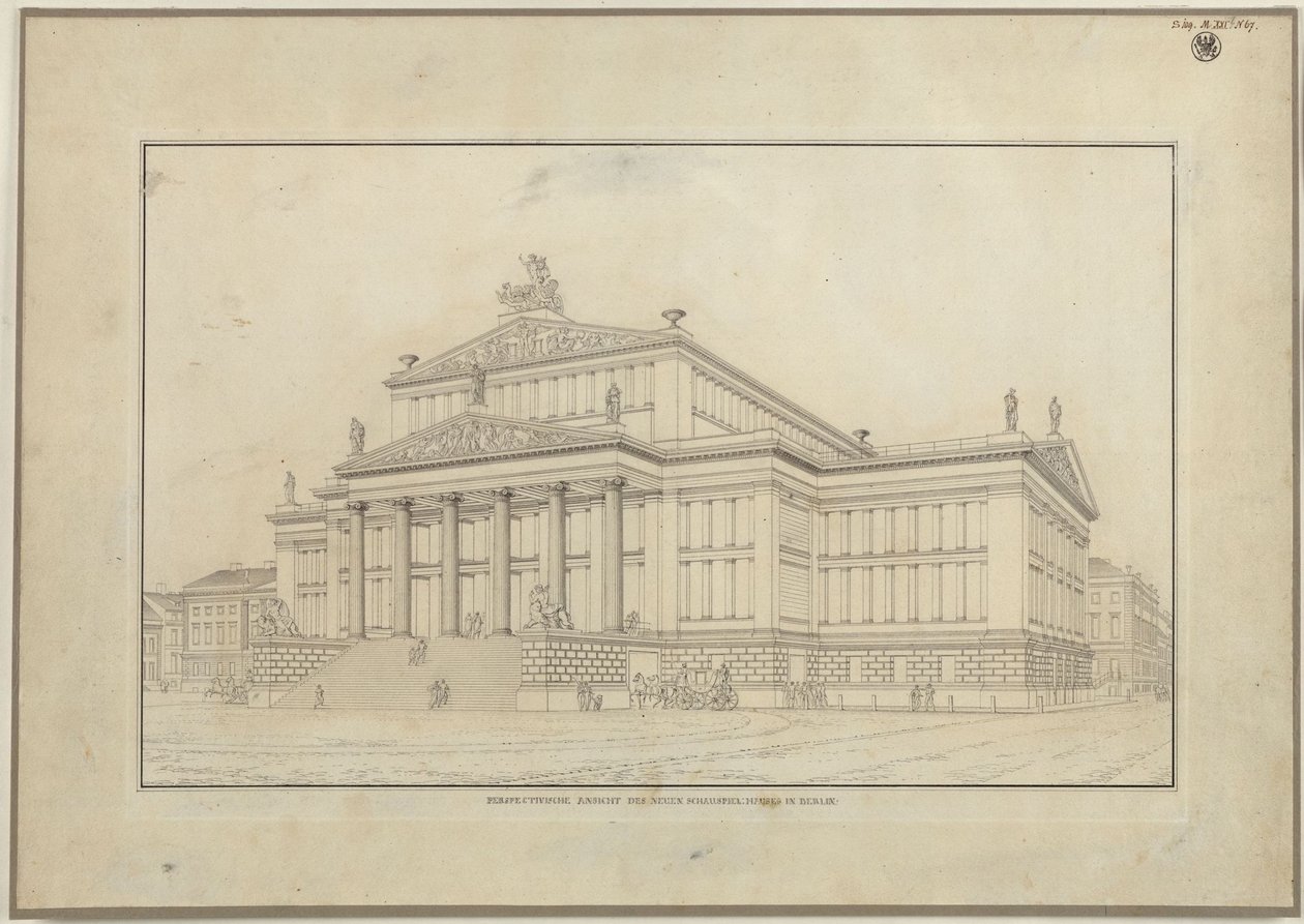Berliini. Gendarmenmarktin teatteri. Etusivun perspektiivikuva tekijältä Karl Friedrich Schinkel
