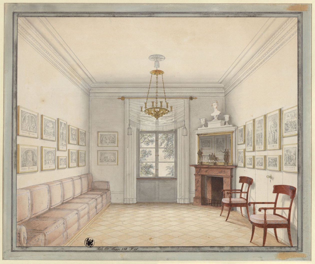 Berliini. Charlottenburgin linna, linnanpuisto, Uusi paviljonki (Schinkel-paviljonki). Näkymä Valkoisesta huoneesta yläkerran huoneiden suunnittelumallina tekijältä Karl Friedrich Schinkel