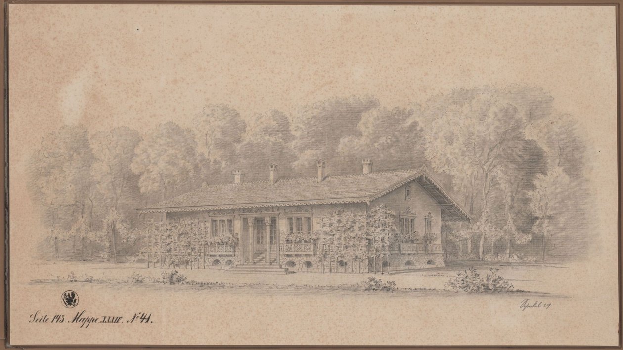 Berliini. Schweizerhaus Pfaueninselin saarella. Näkymä tekijältä Karl Friedrich Schinkel