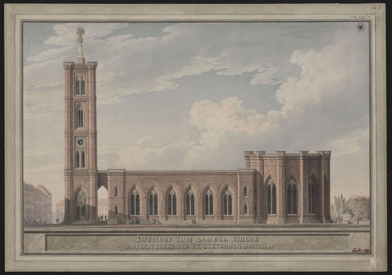 Berliini, Spittelmarkt. Gertraudenkirchen suunnitelma. Ulkonäkymä tekijältä Karl Friedrich Schinkel
