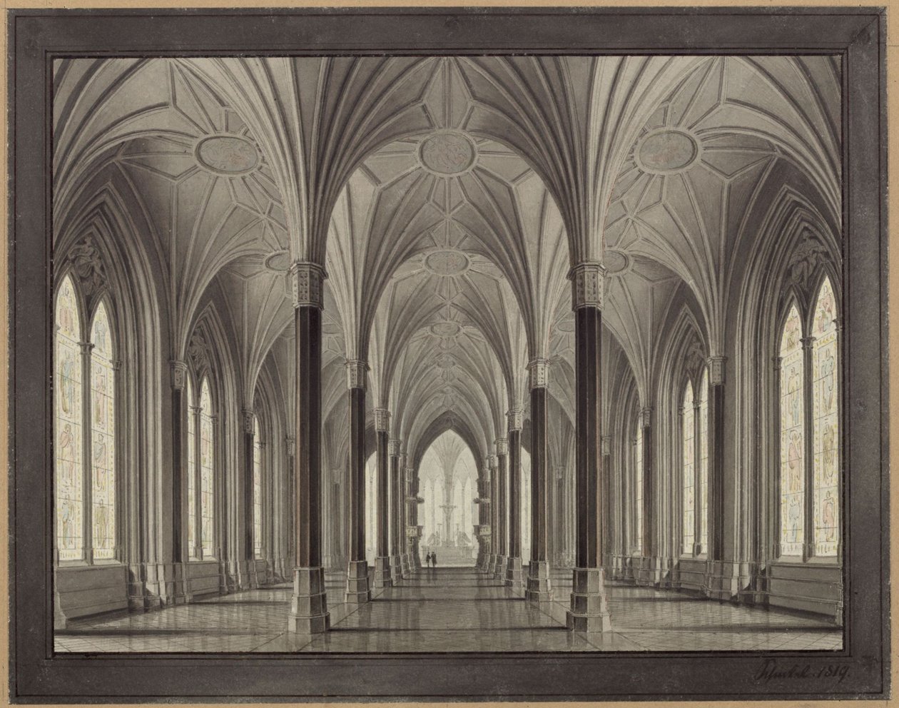 Berliini, Spittelmarkt. Gertraudenkirchen suunnitelma. Sisänäkymä, näkymä päälaivan läpi kuoriin tekijältä Karl Friedrich Schinkel