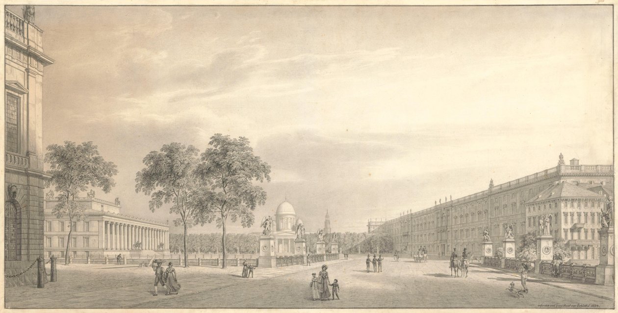 Berliini, Unter den Linden. Näkymä Lustgartenista, jossa näkyvät Schlossbrücke, Altes Museum, katedraali ja linna tekijältä Karl Friedrich Schinkel