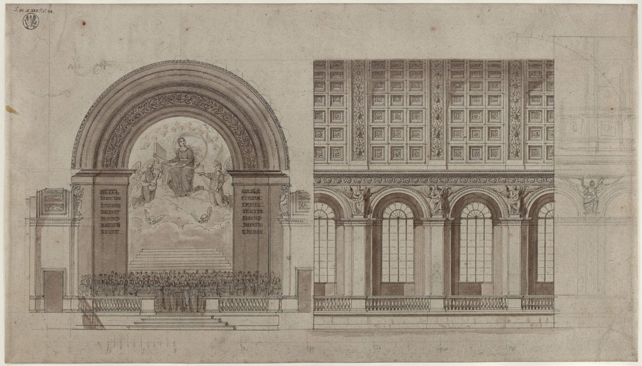 Berliini, Unter den Linden. Suunnitelma Singakademien saliksi taideakatemian takimmaiseen siipeen. Poikkileikkaus ja pitkittäisleikkaus tekijältä Karl Friedrich Schinkel