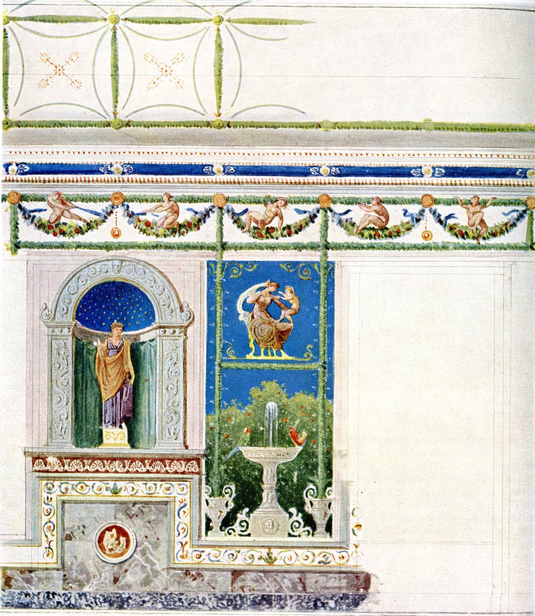 Berliini, Wilhelmplatz. Preussin prinssi Karlin palatsi, ruokasali. Seinä- ja kattoluonnos tekijältä Karl Friedrich Schinkel