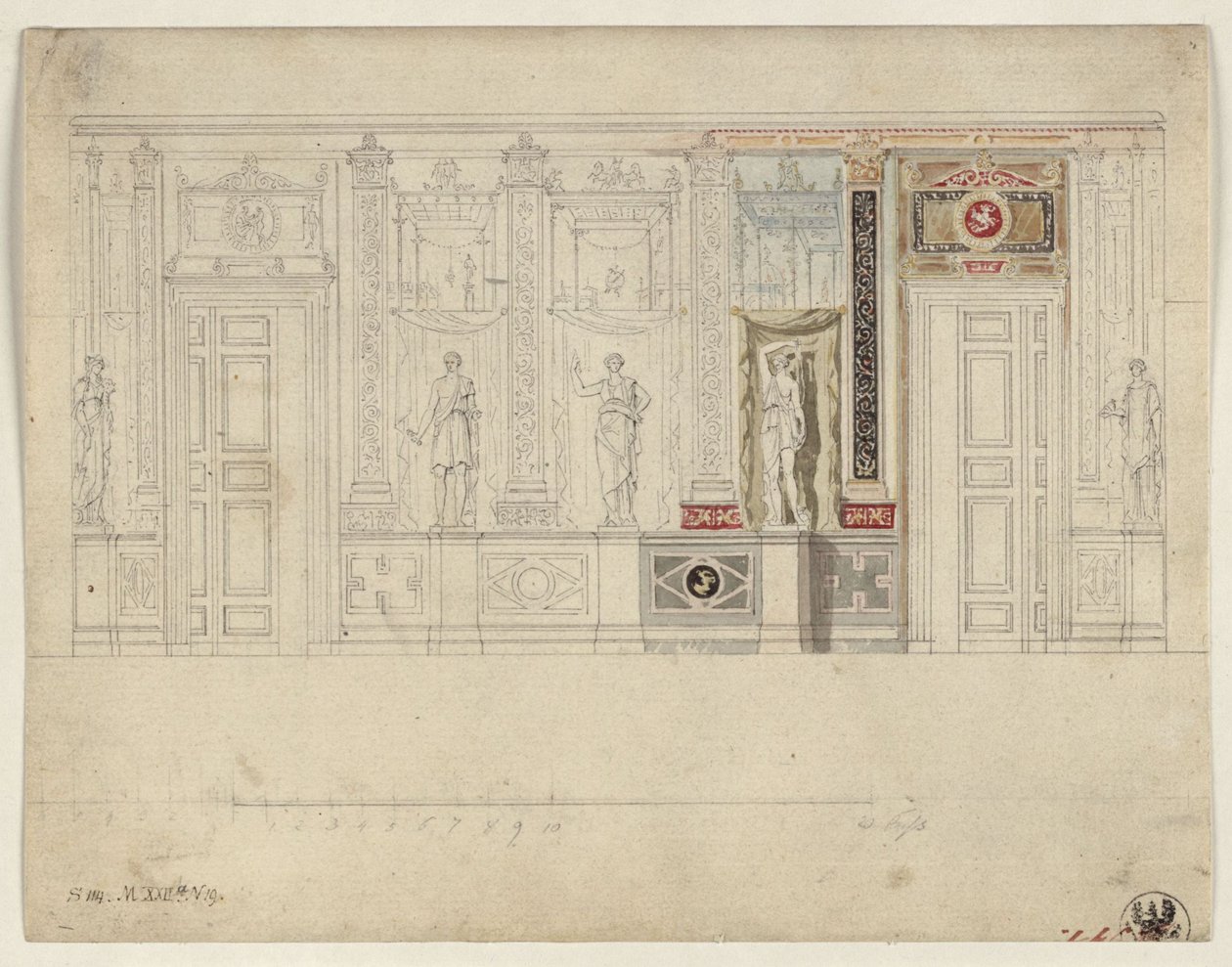 Berliini, Wilhelmstraße 102. Preussin prinssi Albrechtin palatsi, soikean ruokasalin suunnitelma tekijältä Karl Friedrich Schinkel