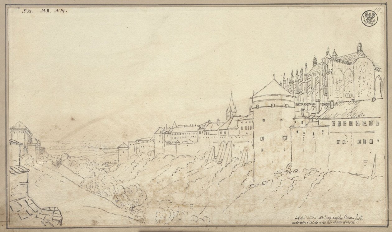 Näkymä Prahan Hradčaneille ja Pyhän Veetin katedraalin kuorolle tekijältä Karl Friedrich Schinkel
