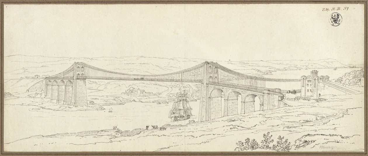Näkymä Menainsalmen ylittävälle riippusillalle Bangorin lähellä Walesissa tekijältä Karl Friedrich Schinkel