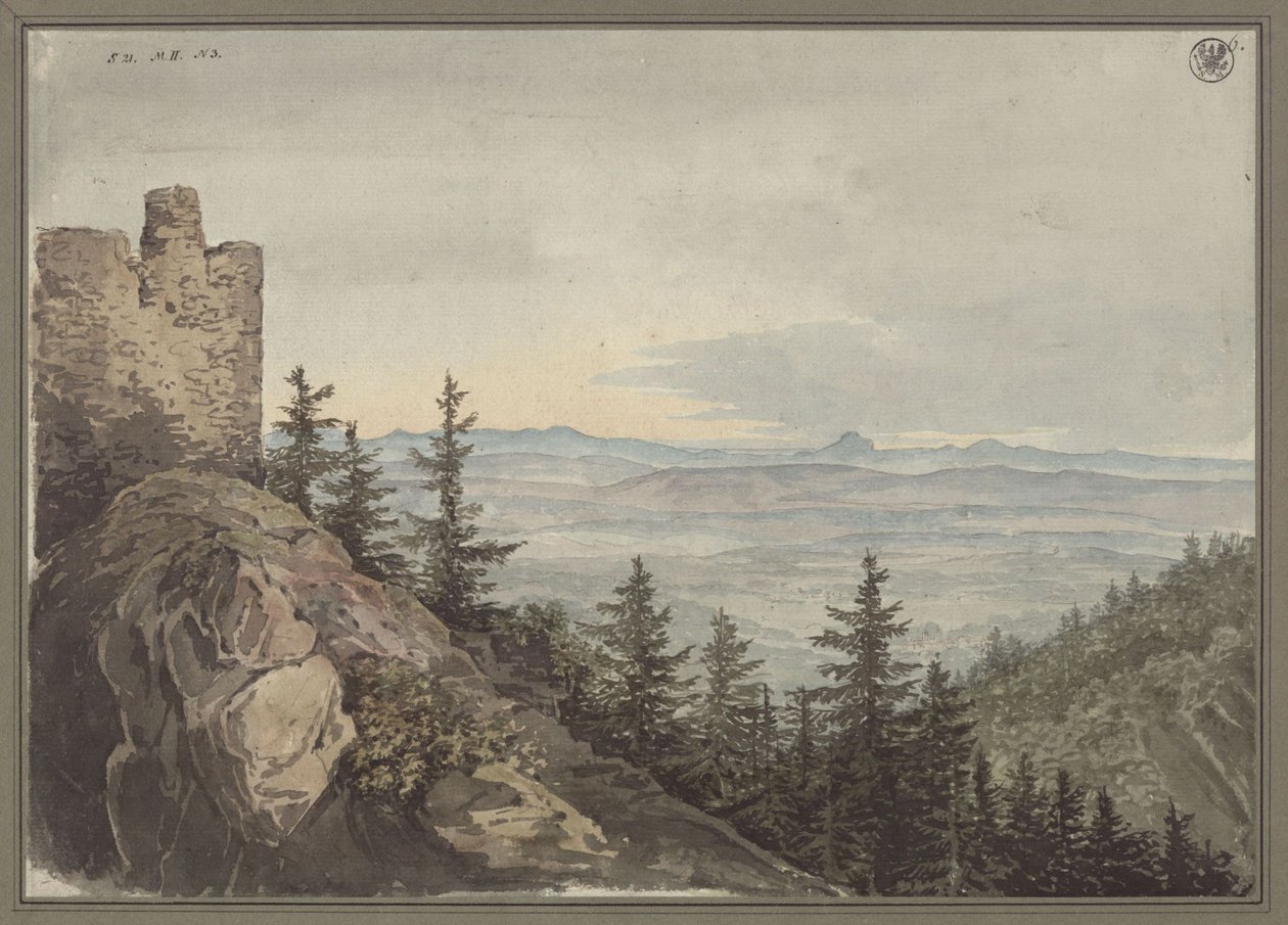 Näkymä Geiersburgin raunioilta Teplitzin tasangolle ja Maria Scheinin luostariin, taustalla Böömin vuoristo tekijältä Karl Friedrich Schinkel