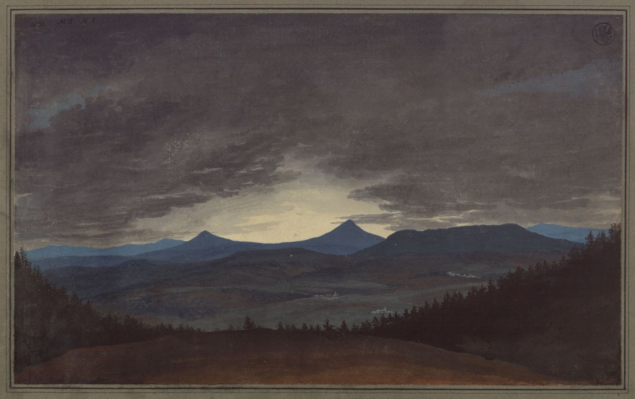 Böömiläinen vuorijono iltahämärässä tekijältä Karl Friedrich Schinkel