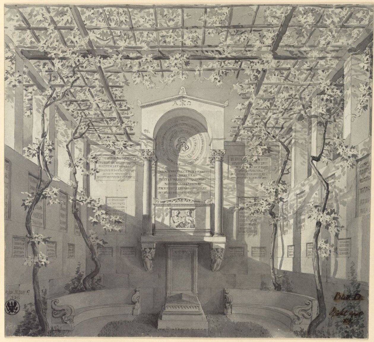 Bonn. Barthold Georg Niebuhrin hautamuistomerkin luonnos, jossa on pergola tekijältä Karl Friedrich Schinkel