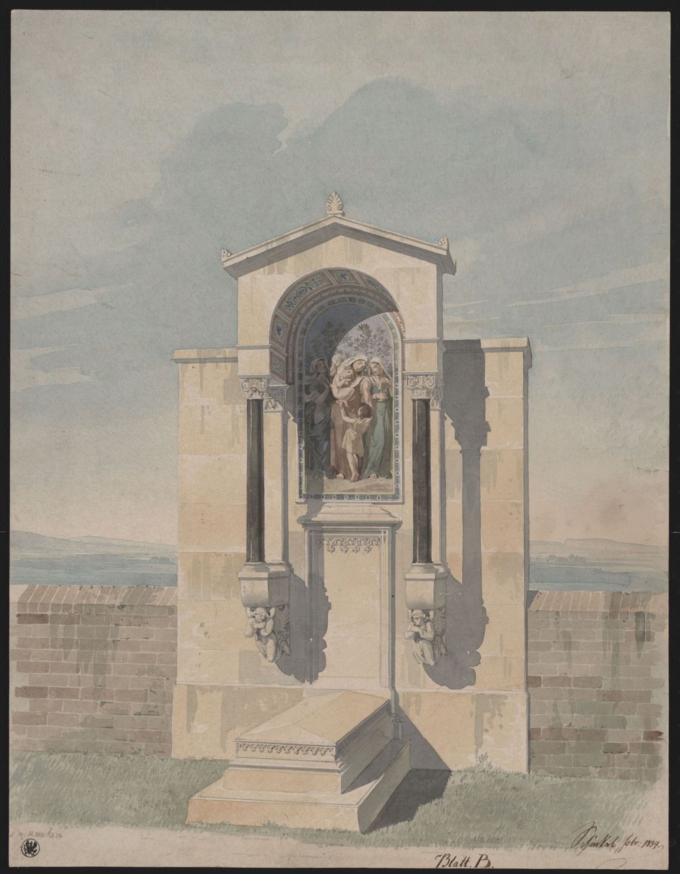 Bonn. Luonnos Barthold Georg Niebuhrin hautamuistomerkkiä varten, mukana kristillisten hyveiden "Usko, rakkaus, toivo" kuva tekijältä Karl Friedrich Schinkel