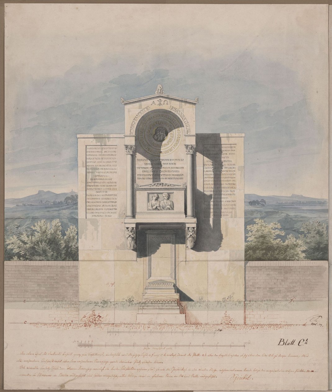 Bonn. Luonnos Barthold Georg Niebuhrin hautamuistomerkiksi, jossa on avioparin reliefimuotokuva tekijältä Karl Friedrich Schinkel