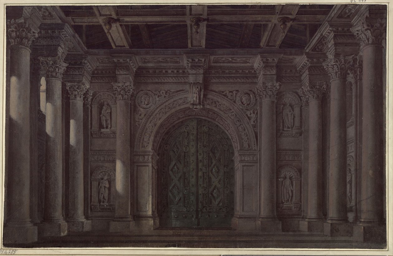 Messinan morsian. Friedrich Schillerin murhenäytelmä. Luonnos 1. ja viimeiseen lavastukseen. Pylväin ja portaalin koristama halli tekijältä Karl Friedrich Schinkel