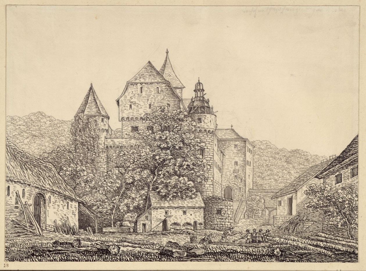 Linnamainen rakennusryhmä vuoristomaisemassa tekijältä Karl Friedrich Schinkel