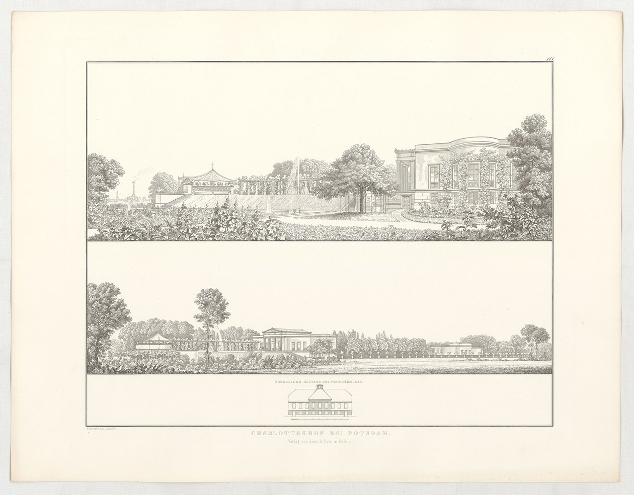 Charlottenhof Potsdamin lähellä, lehti 111 sarjasta "Arkkitehtonisten luonnosten kokoelma" tekijältä Karl Friedrich Schinkel